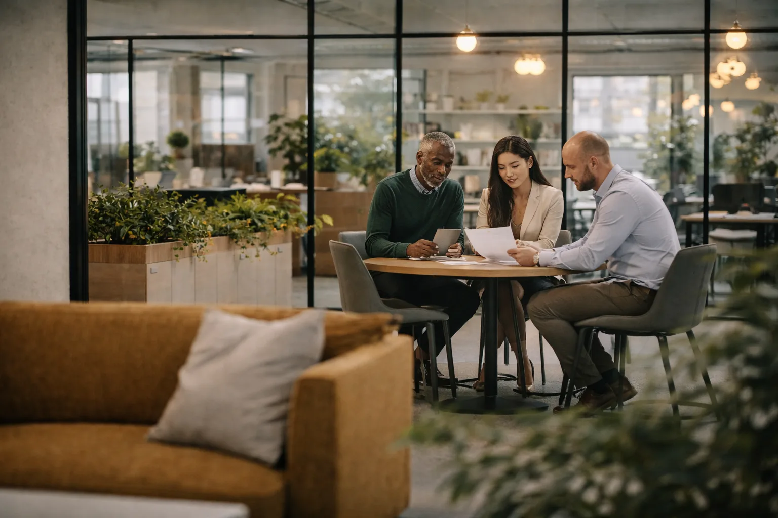 Property investors discussing limited company mortgage structures and investment strategy in a professional advisory meeting.