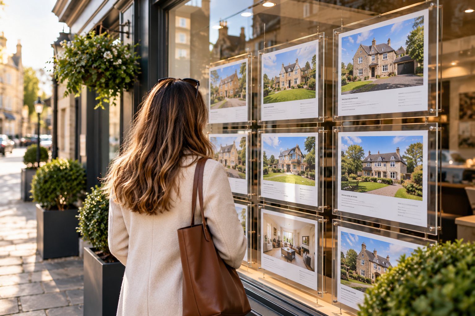 Questions to ask an estate agent before making an offer: a buyer studies property listings in an estate agent’s window