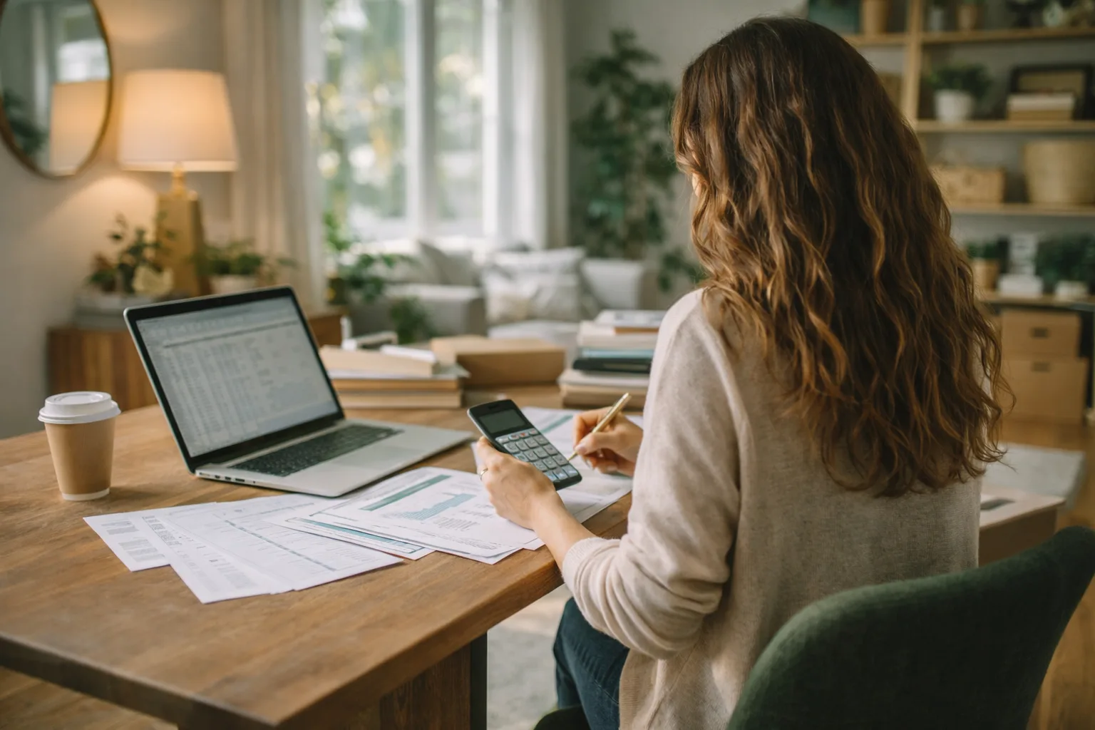 Self-employed professional reviewing finances at home while planning a mortgage application.