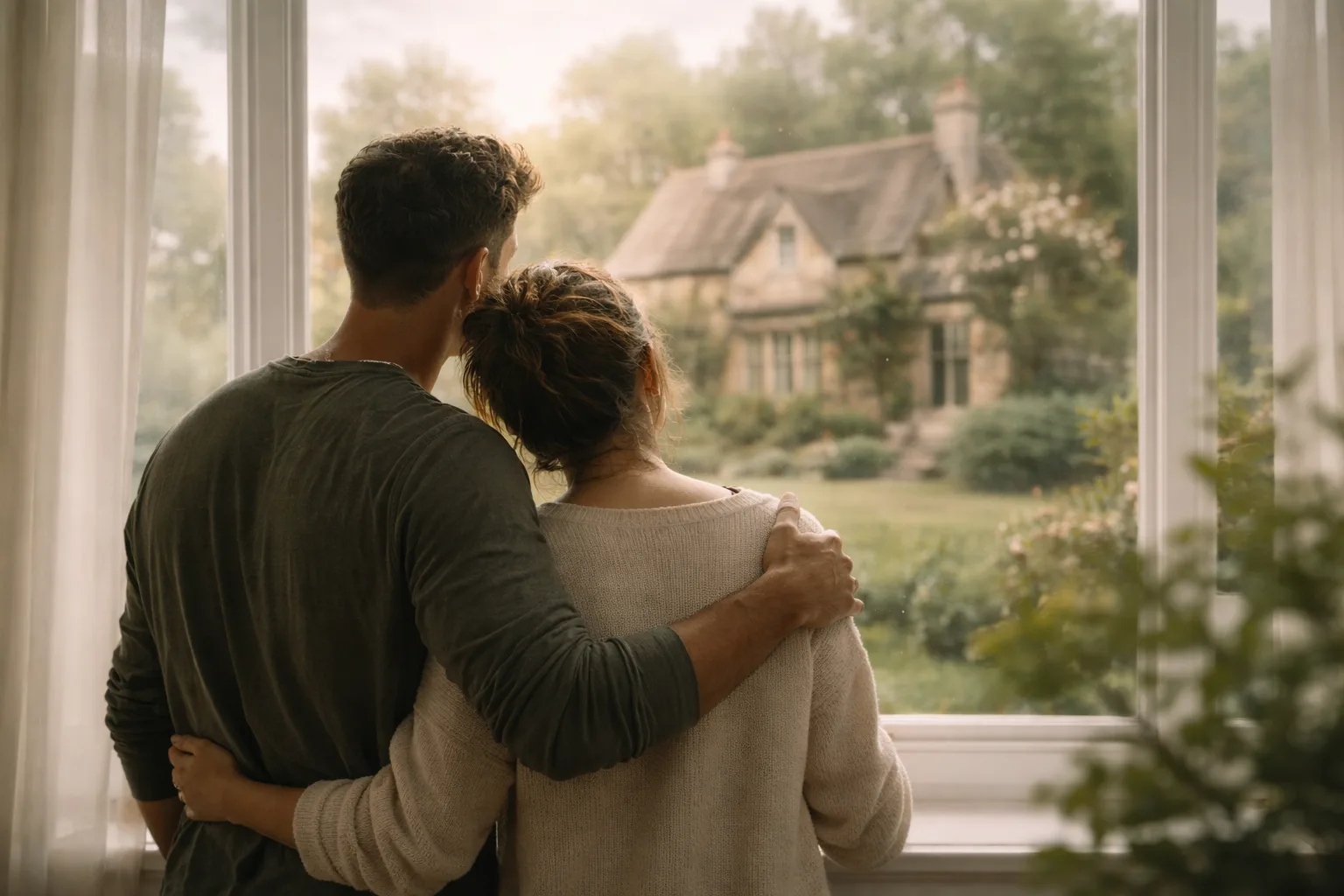 Young couple imagining their first home while standing together by a window, representing the early stages of buying a property in the UK.